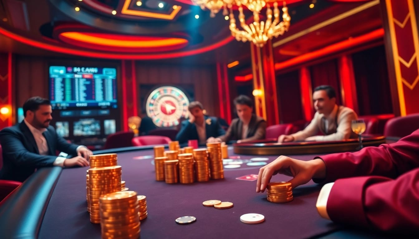 Engaged players enjoying a high-stakes game at a De bet casino table, surrounded by luxury and excitement.