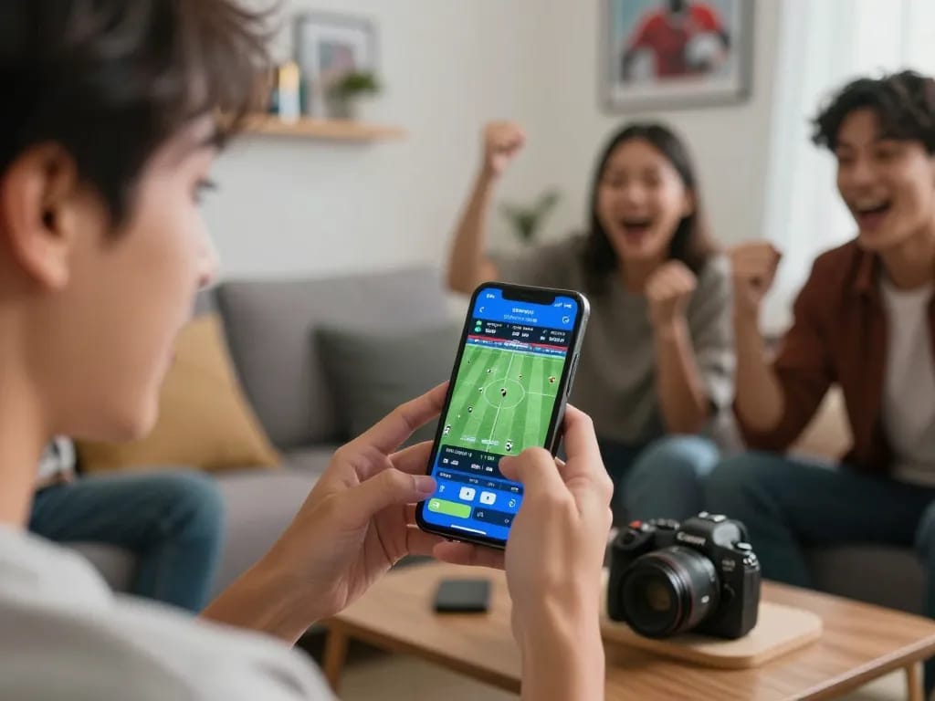 Sports betting excitement with Nhà cái lucky88 app displayed on smartphone during live match.