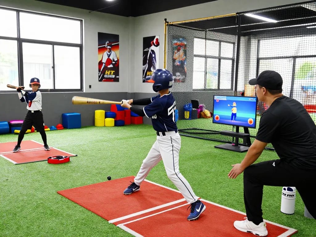 Youth athlete training at hitclub batting cage with coach guidance.