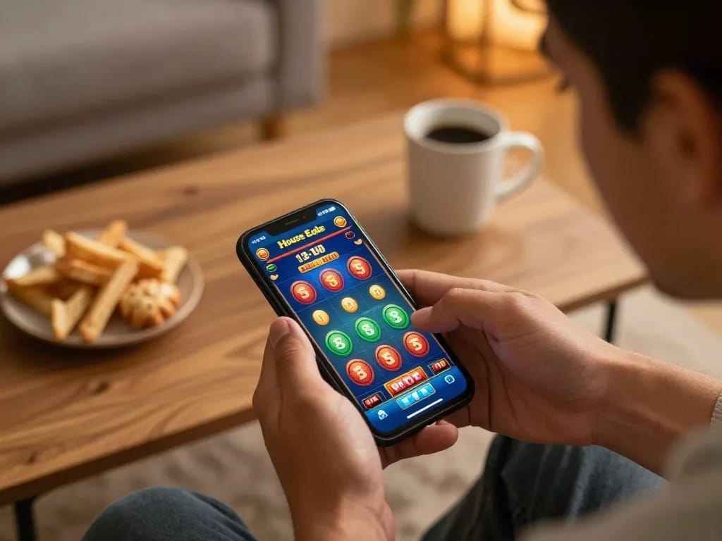 Engaging gameplay on the house edge at nhà cái sunwin on a smartphone in a cozy setting