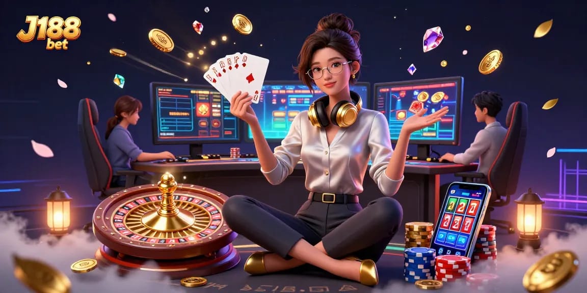 Get ready to win with J188 bet, showcasing a vibrant casino scene with golden coins and live games.