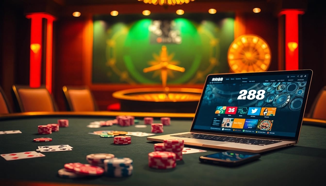Experience the thrill of RR88 with vibrant casino visuals, poker action, and gaming excitement.