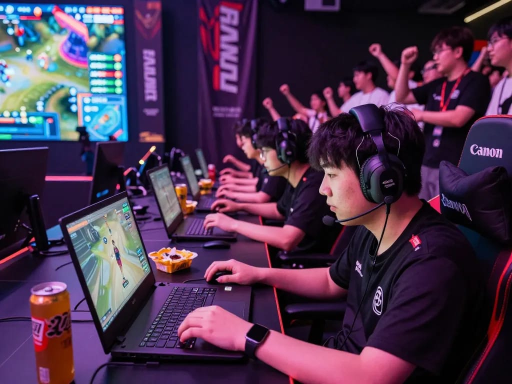 Intense gamer playing 33win app in an esports arena filled with cheering fans.