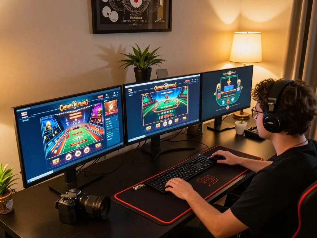 Engaging player experiencing online casino games on a sleek setup at 789club, showcasing vibrant games.