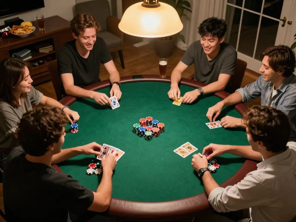 Engaging poker game at home showcasing strategic bets with Nhà cái Vk88 atmosphere