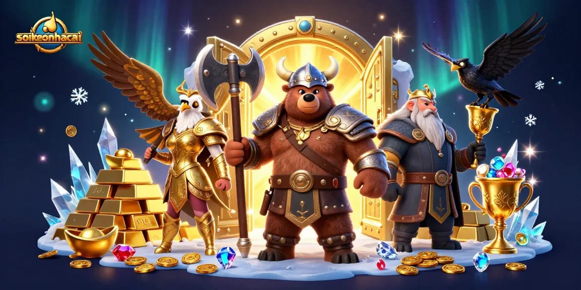Sculpting excitement in the soikeonhacai gaming realm with a Viking bear and Valkyrie amidst gold treasures.