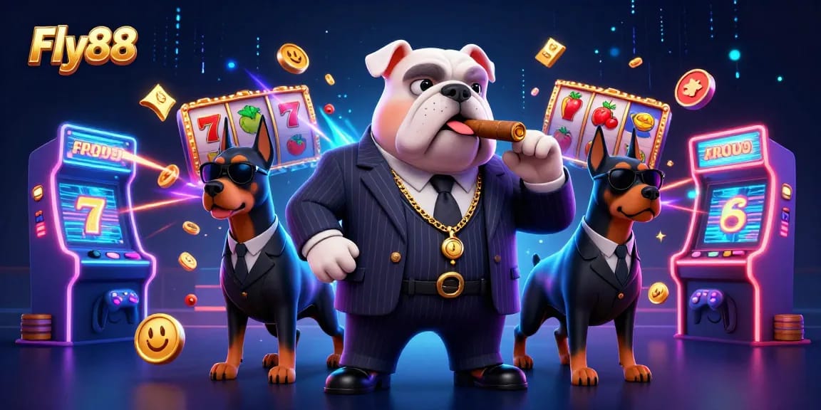 Unleash winning strategies at Fly88 with a dynamic casino-inspired 3D illustration of a mafia bulldog and bodyguards.