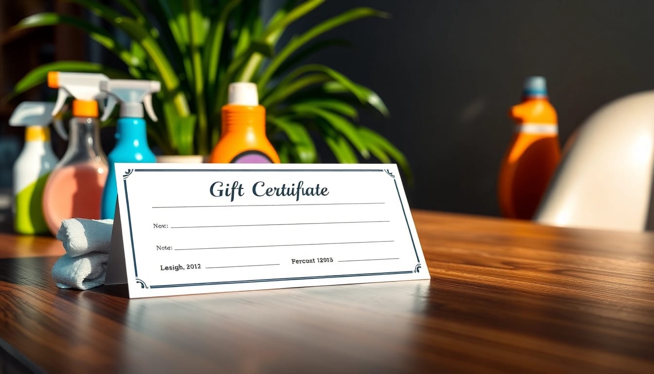 Car detailing gift certificate elegantly displayed on a wooden table with automotive supplies.