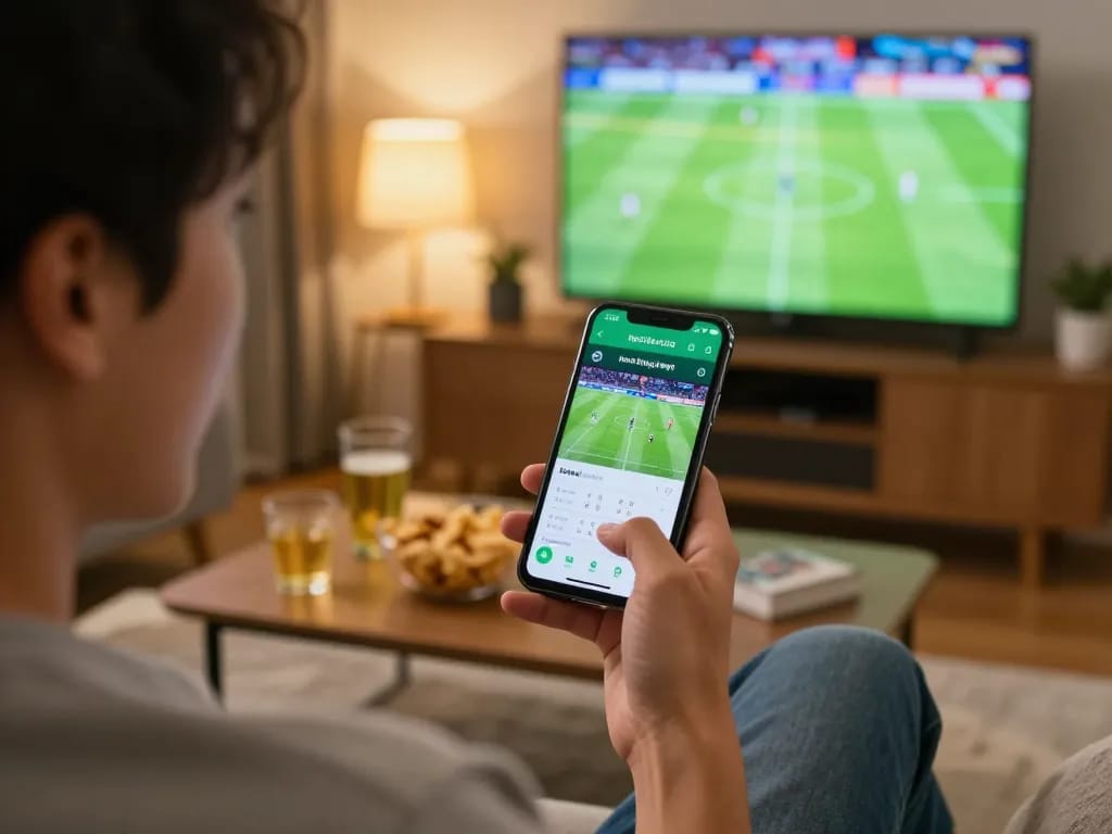 Kèo bóng đá trực tuyến scenario with a person analyzing bets on a smartphone in a cozy home setting