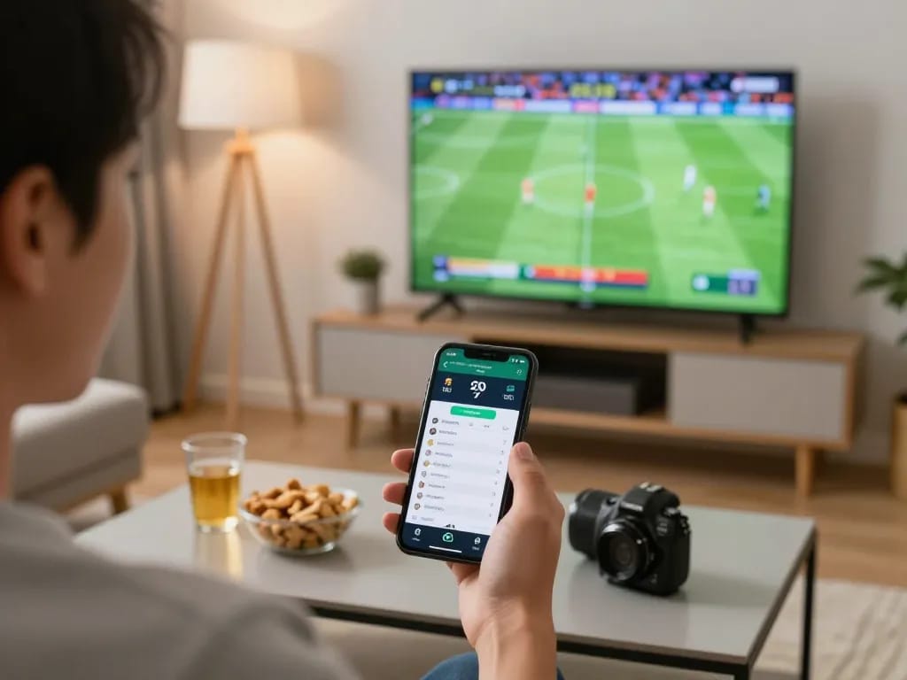 Cakhiatv user placing bets live on smartphone while watching football match.