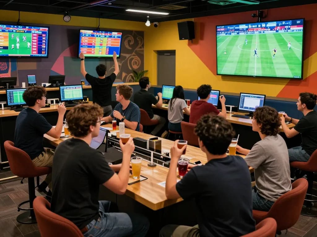 Excited fans engage in nhận định bóng đá while placing bets in a lively sports betting lounge.