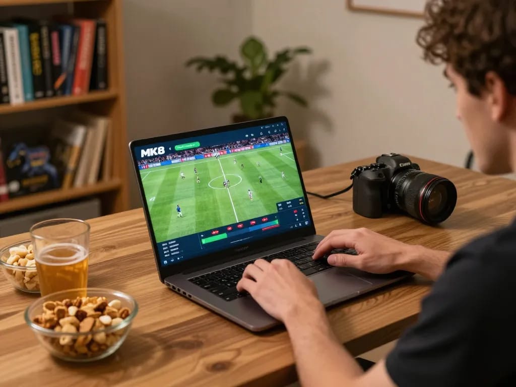 Engaging in live sports betting on mk8 platform with laptop at home, showcasing vibrant gaming setup.