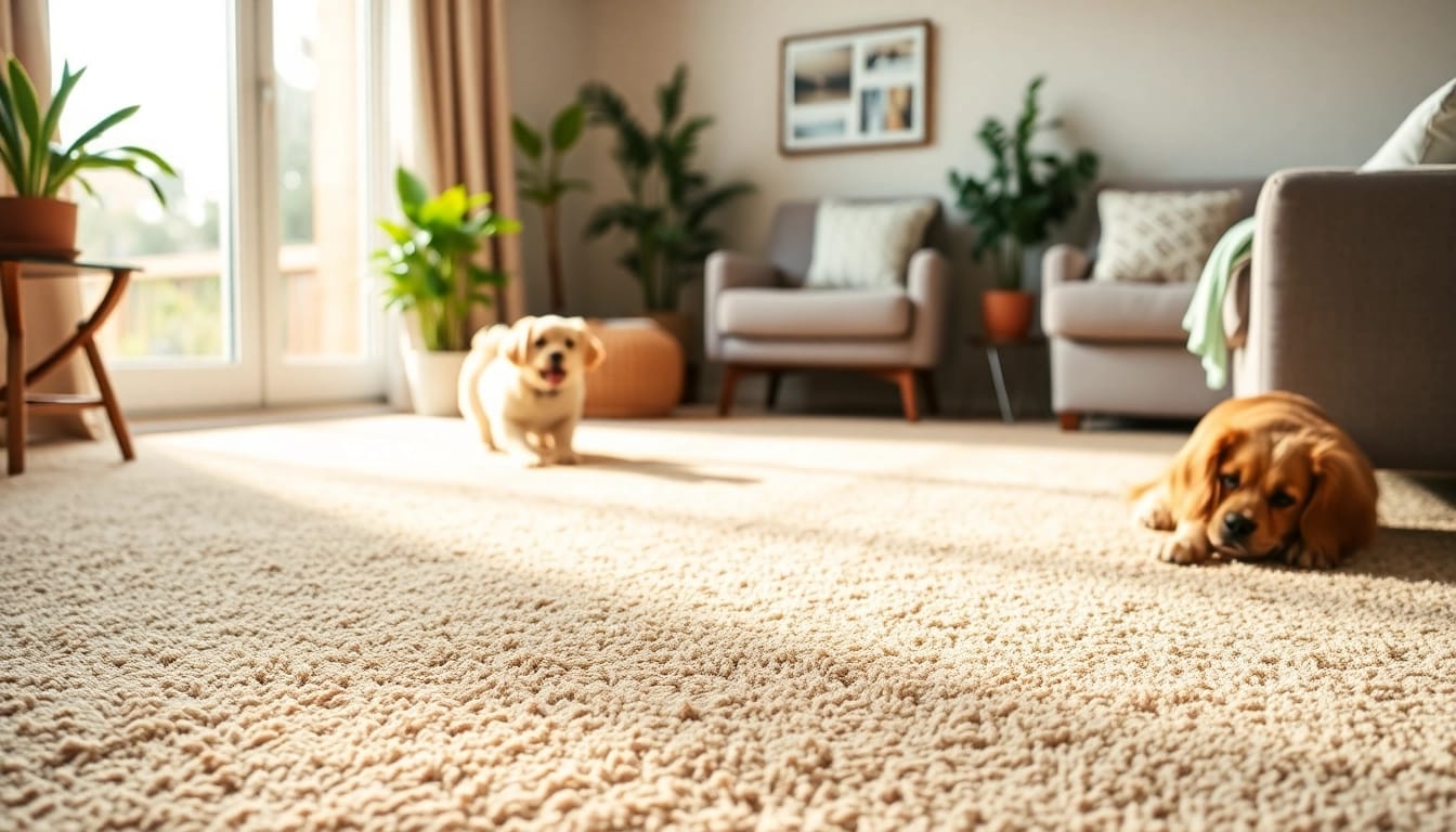 Engaging visual of pet odor carpet cleaning with a vibrant dog and fresh living room.