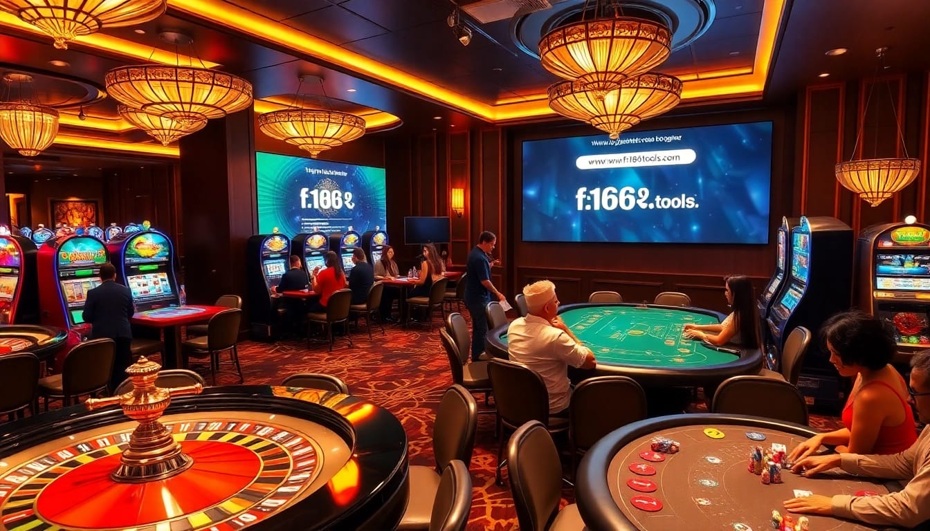 Players enjoying casino games at https://f168.tools/, featuring roulette wheels and poker tables.