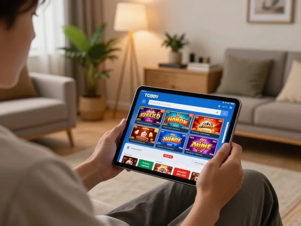 Player engaging with the TG88 MBA application for online gaming on a tablet in a cozy home environment.