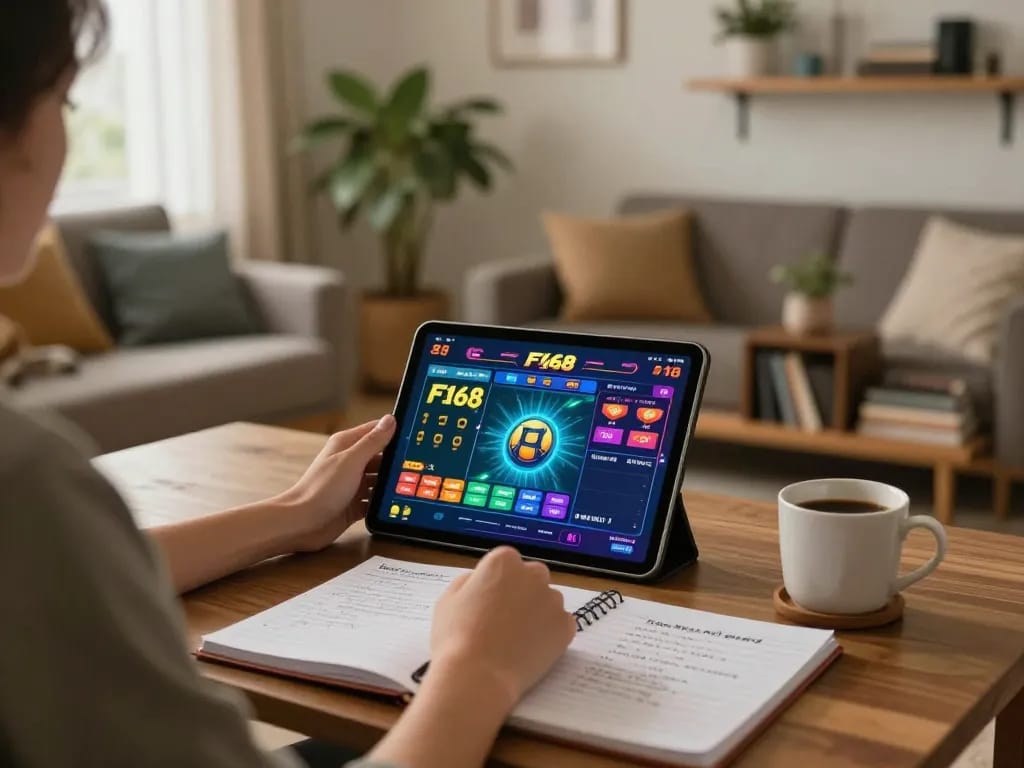 Engaged player using F168 online casino app on tablet at home with strategic notes