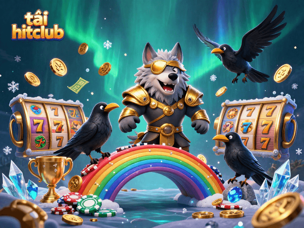 Play and win with tải hitclub at this colorful slot-themed casino illustration.