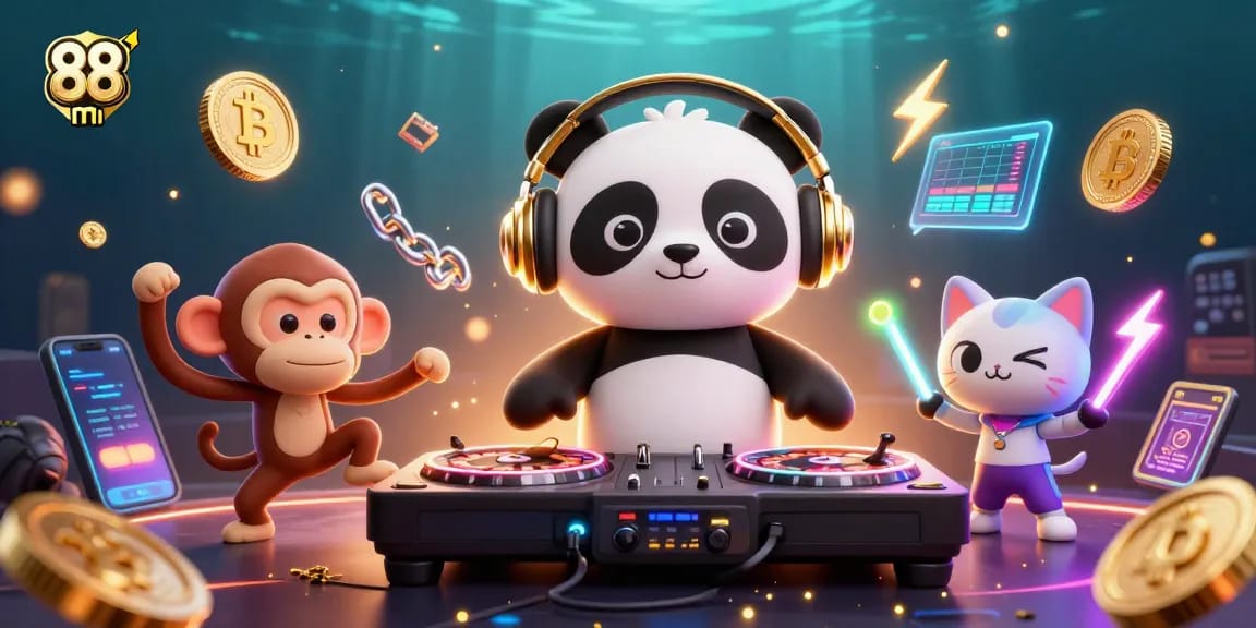 Engage in thrilling casino fun with 88 m featuring a DJ panda and dancing animals in a vibrant setting.