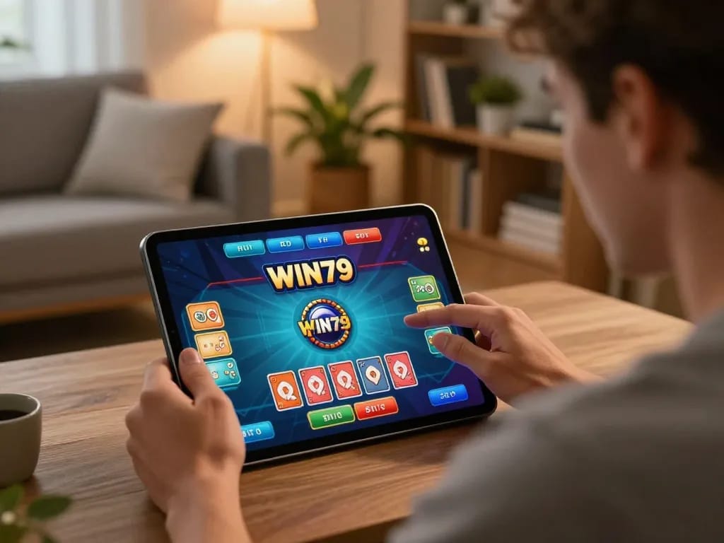 Player enjoying a card game experience on WIN79 tablet in cozy home setting