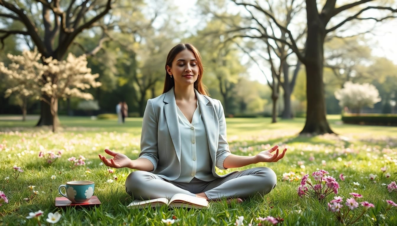 Implement mental health tips with a relaxed woman practicing mindfulness in a tranquil park.