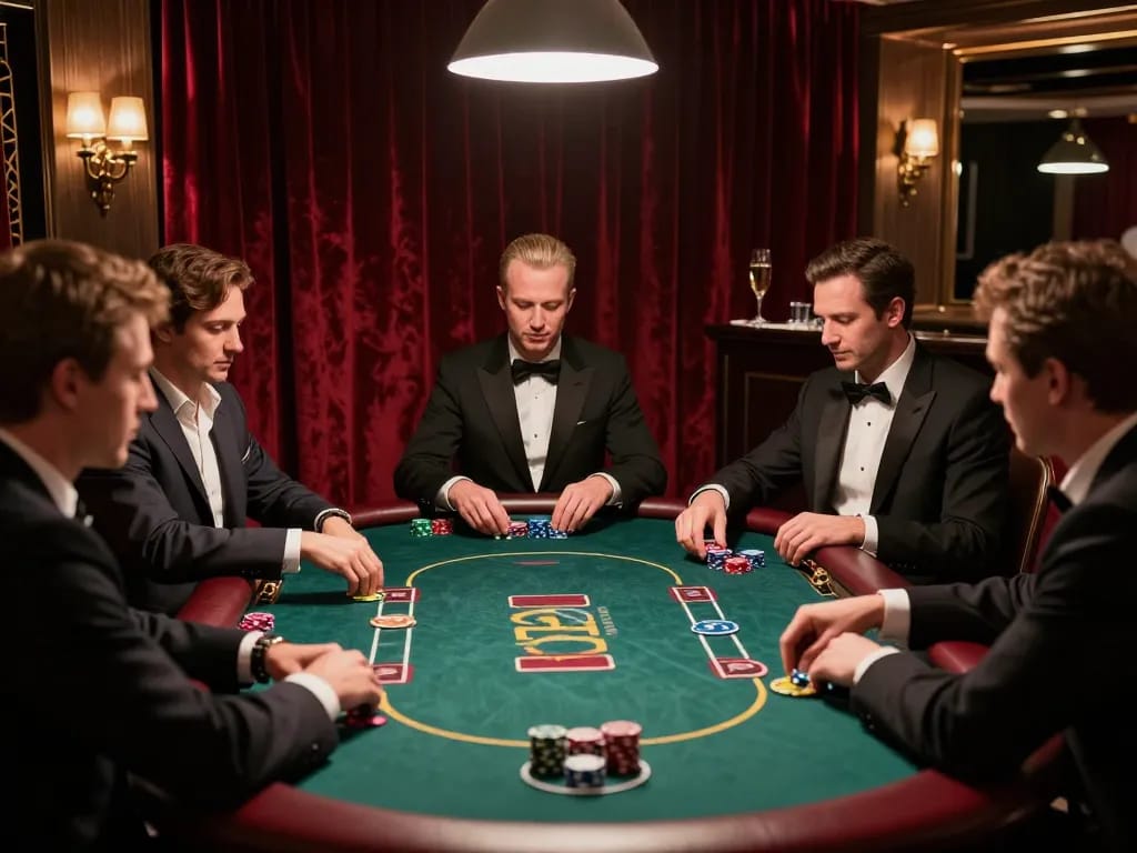 gk88 players engaging in high-stakes poker at a luxurious VIP table with elegant decor