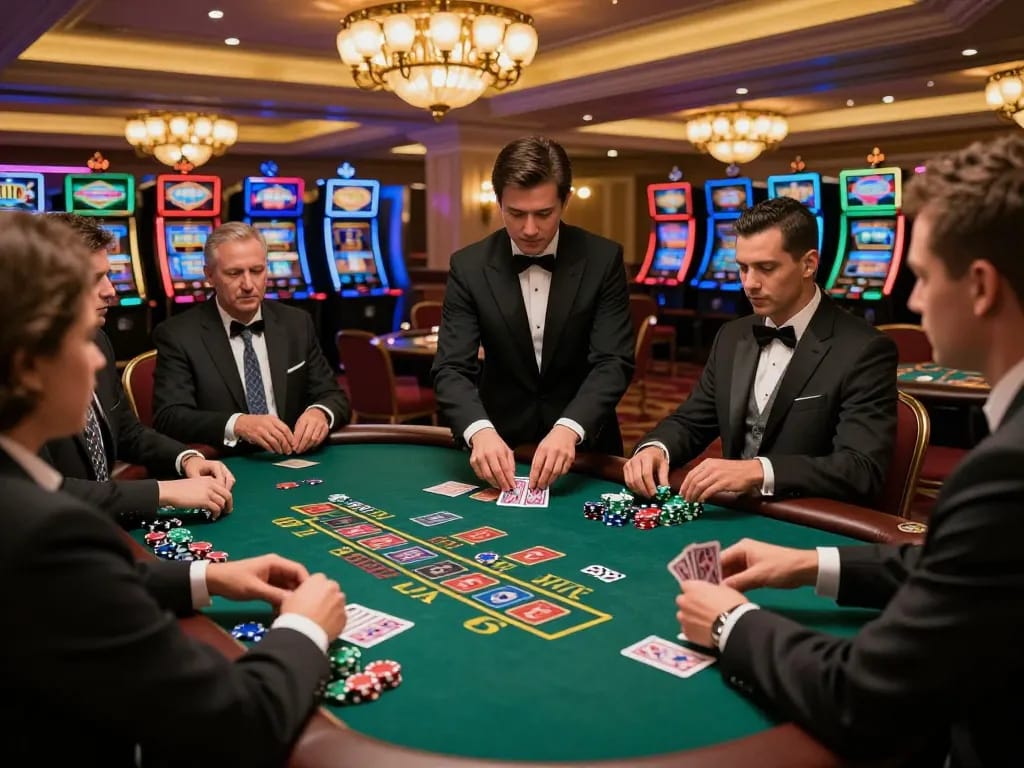 Players strategically placing bets at the fun88 blackjack table in an upscale casino.