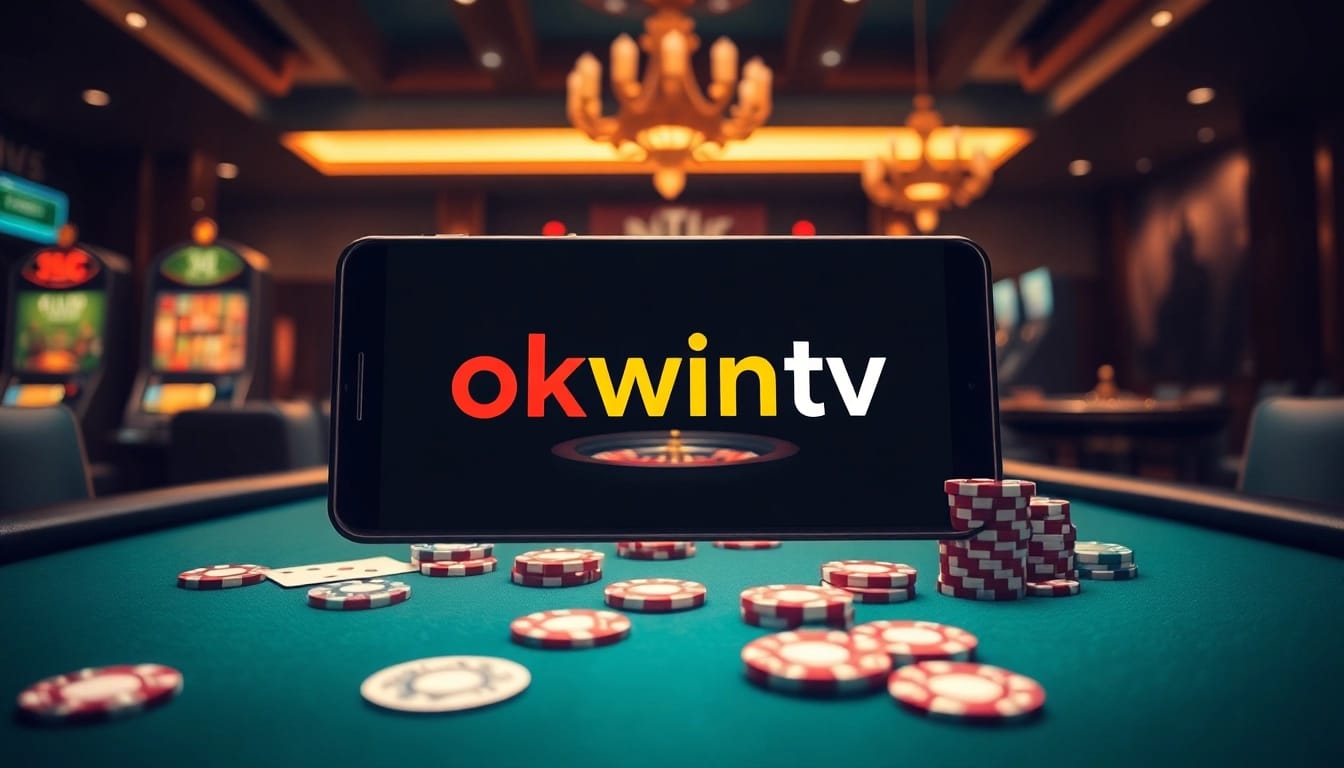Engaging in thrilling online gambling with Okwintv, featuring vibrant poker chips and cards on a casino table.