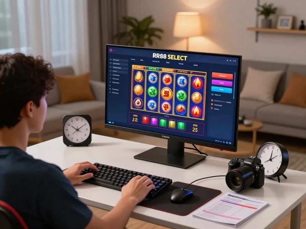 Engage with exciting RR88 SELECT online gameplay from a comfortable home setup, showcasing dynamic slot action and responsible gaming.