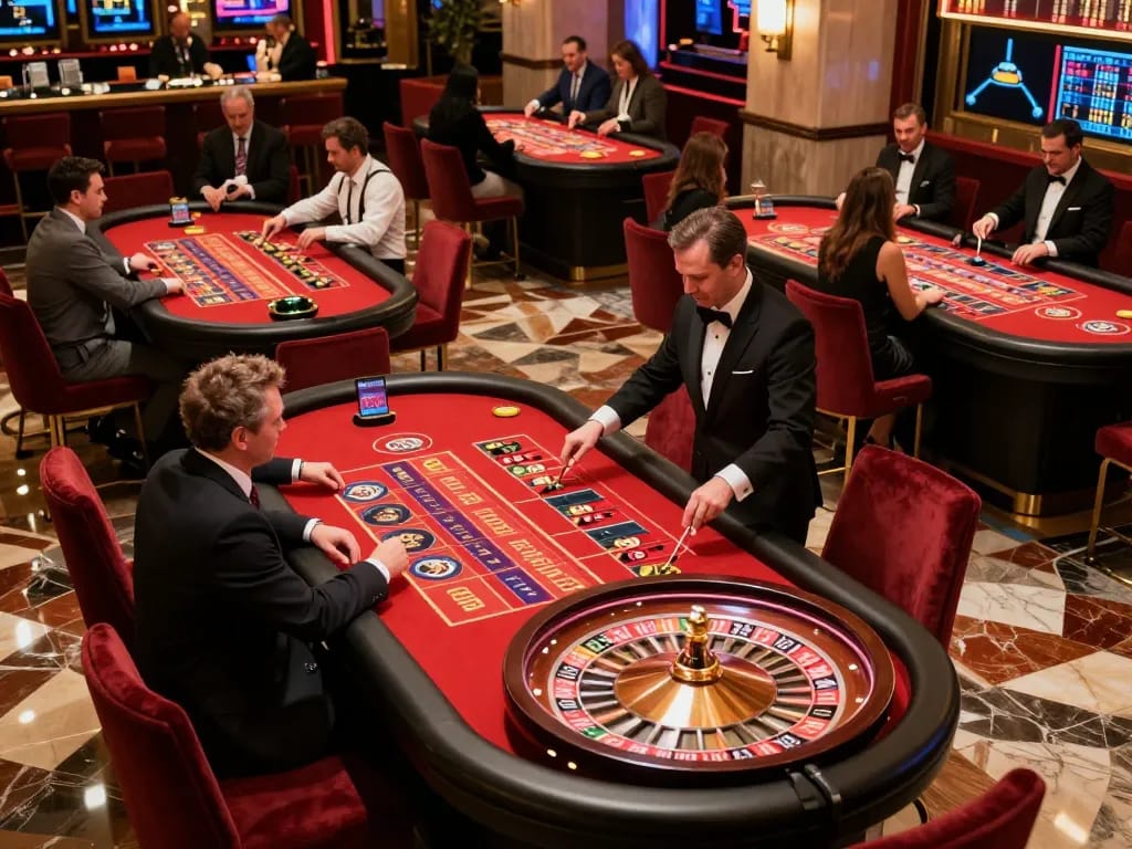 Players engaging at the red88 roulette tables, showcasing thrilling bets and vibrant casino ambiance.