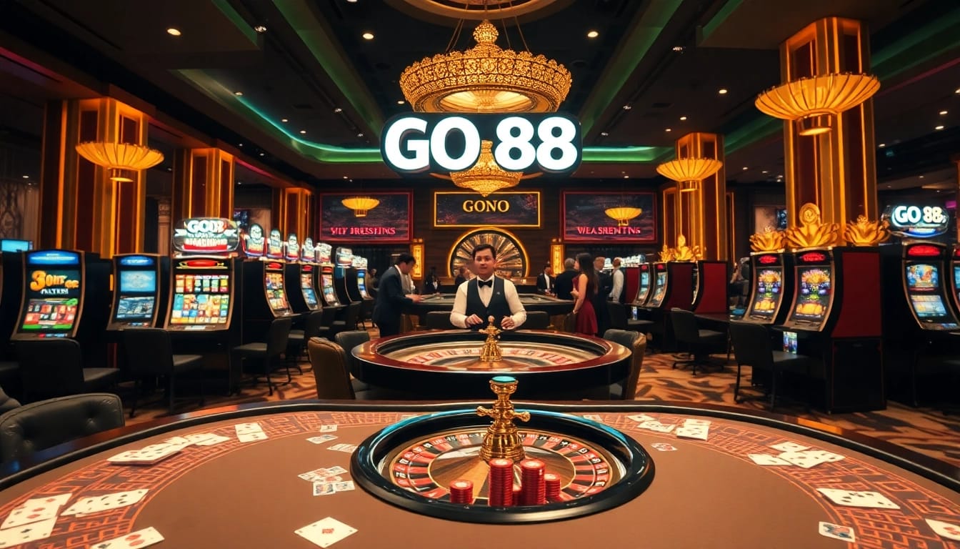 Experience the excitement of GO 88 at a luxurious casino with vibrant gaming tables and slot machines.