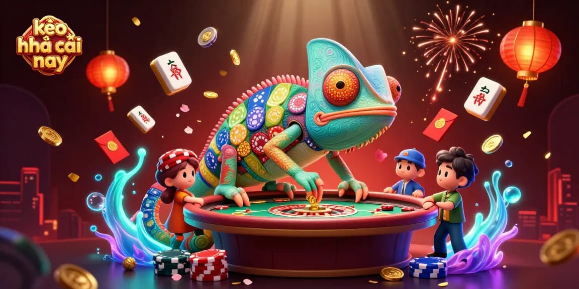 Engage with kèo nhà cái hôm nay in a vibrant, dynamic 3D casino scene featuring a chameleon owner and rich game elements.