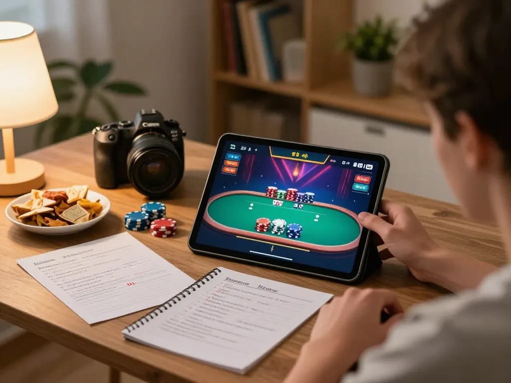 Player enjoying an online poker game on f168biz.com with strategy notes and a cozy atmosphere.