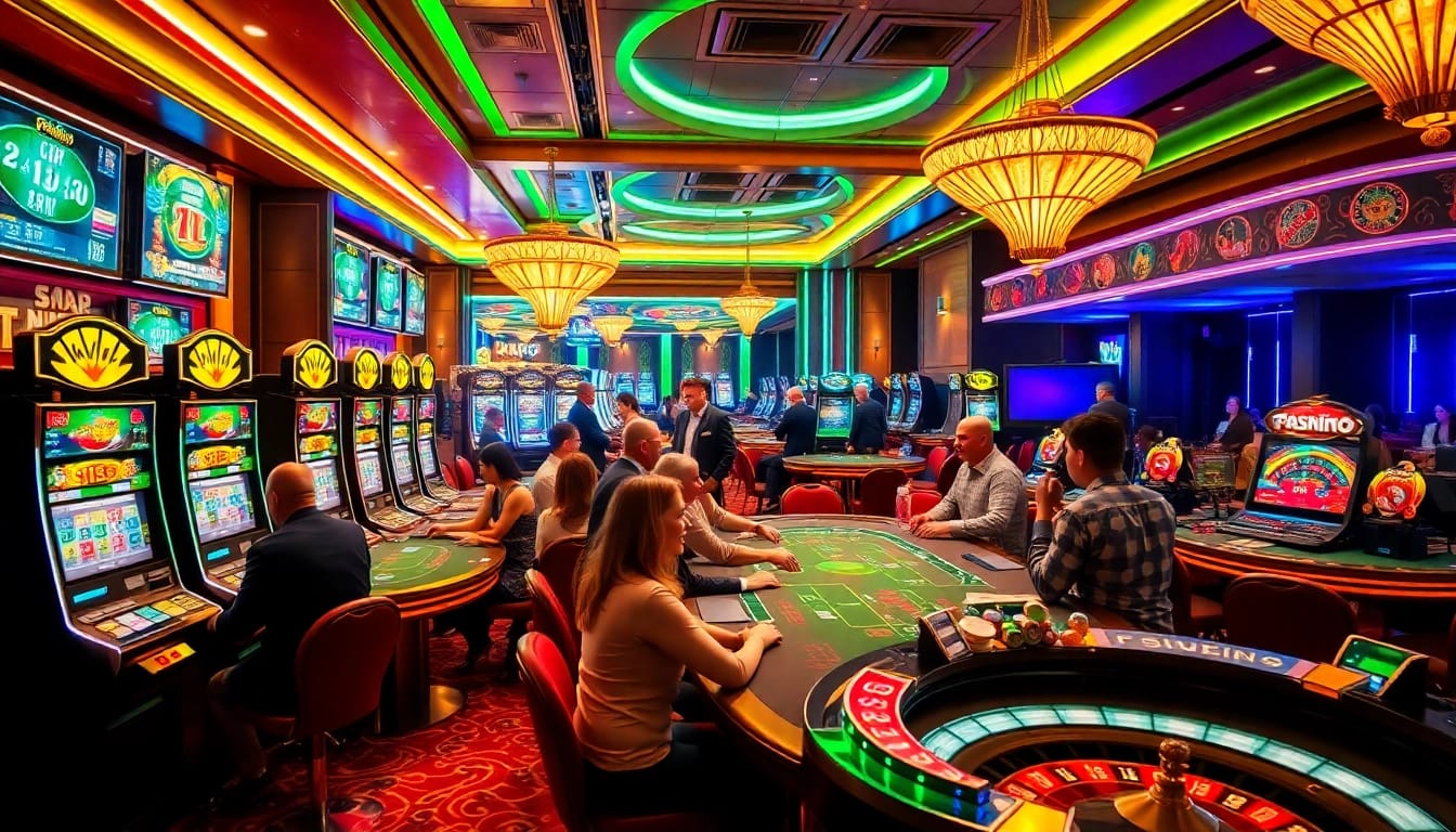 Engaging players at the luxurious 23win4 casino, placing bets at colorful slot machines and tables.