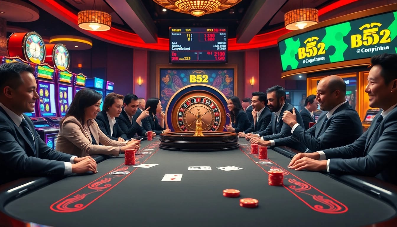 B52 poker players in action at a luxurious casino table, showcasing excitement and high stakes.
