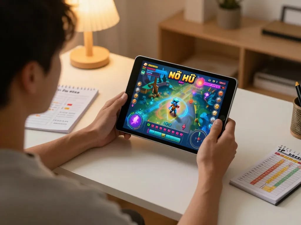 Engaging in nổ hũ online gaming with a tablet, detailed gaming interface and strategic planning elements