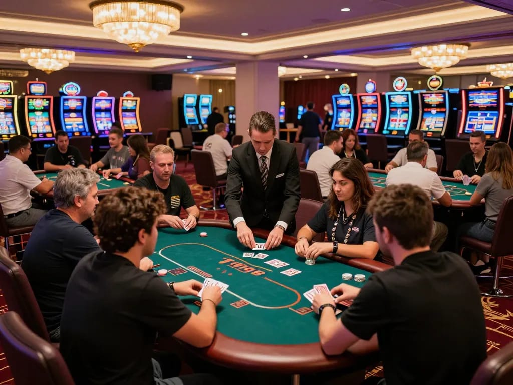 Players engaged in intense poker gameplay at 789BET casino, with dynamic atmosphere and rich decor.