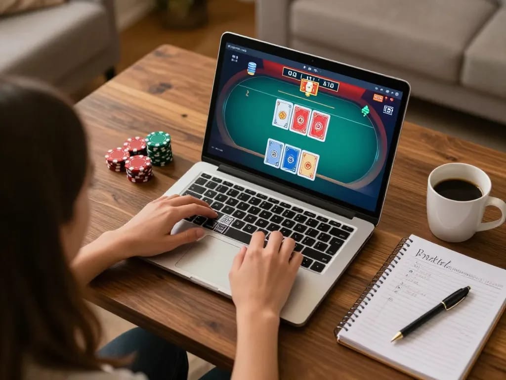 Practicing poker strategy on LV88 com with laptop and chips in a cozy home setup.
