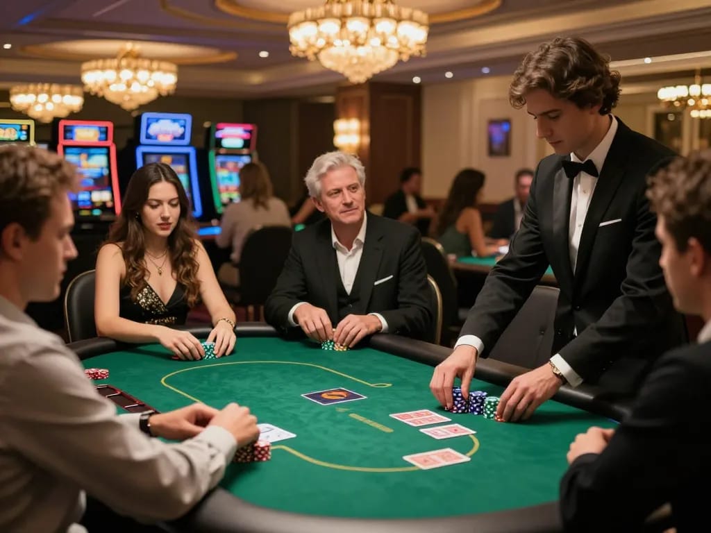 High-stakes poker game at a luxurious casino VIP table, showcasing manclub excitement and skill among players