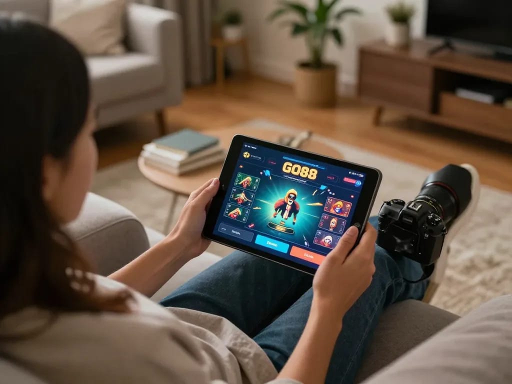 Player engaging with the GO88 app for online casino gaming in a cozy home setting