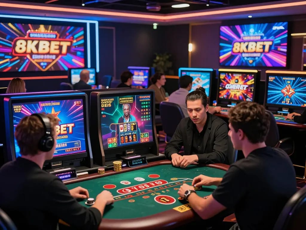 Exciting online gambling experience at 8KBET with players enjoying various games in a modern virtual casino.