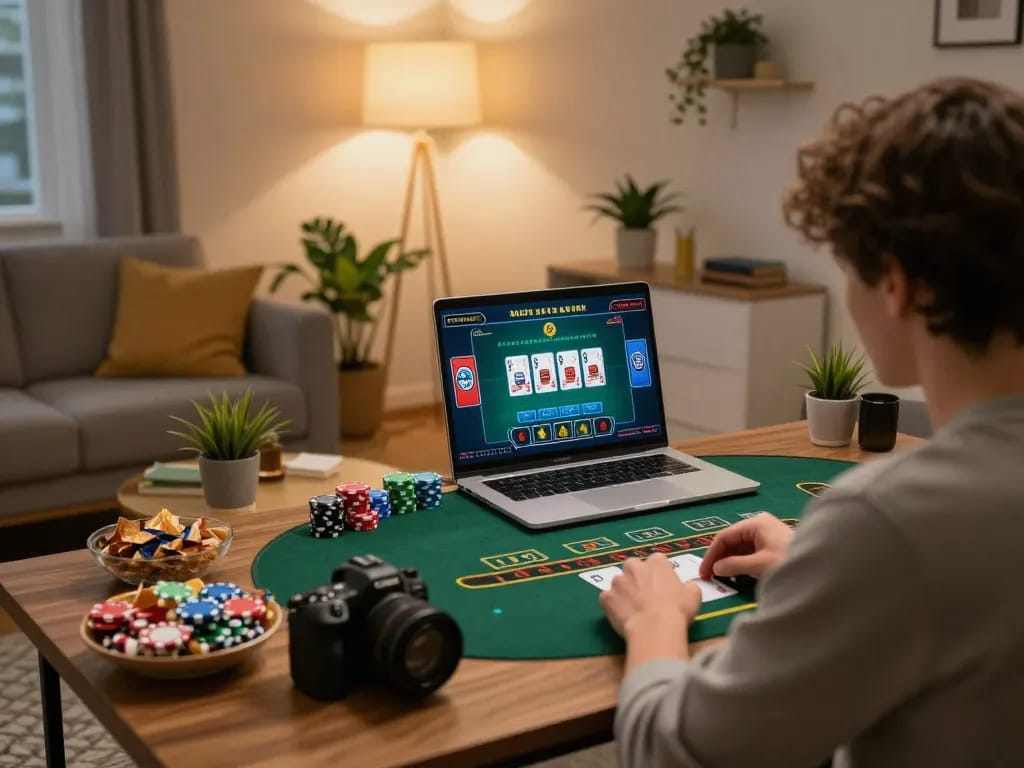 Engaged player at TG88 online casino placing strategic bets in a cozy home setting.