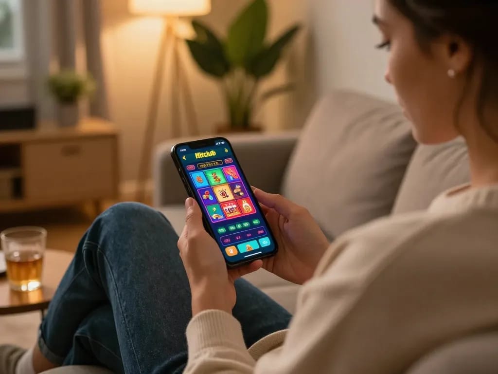 Gambler engaging with the Hitclub app on smartphone in cozy home setting, emphasizing online gaming.