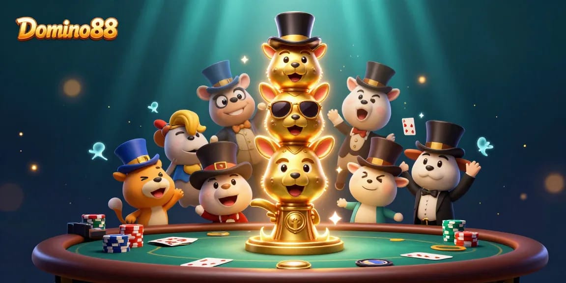 Join the excitement of Domino88 poker with a lively illustration featuring vibrant characters and action-filled gaming elements.