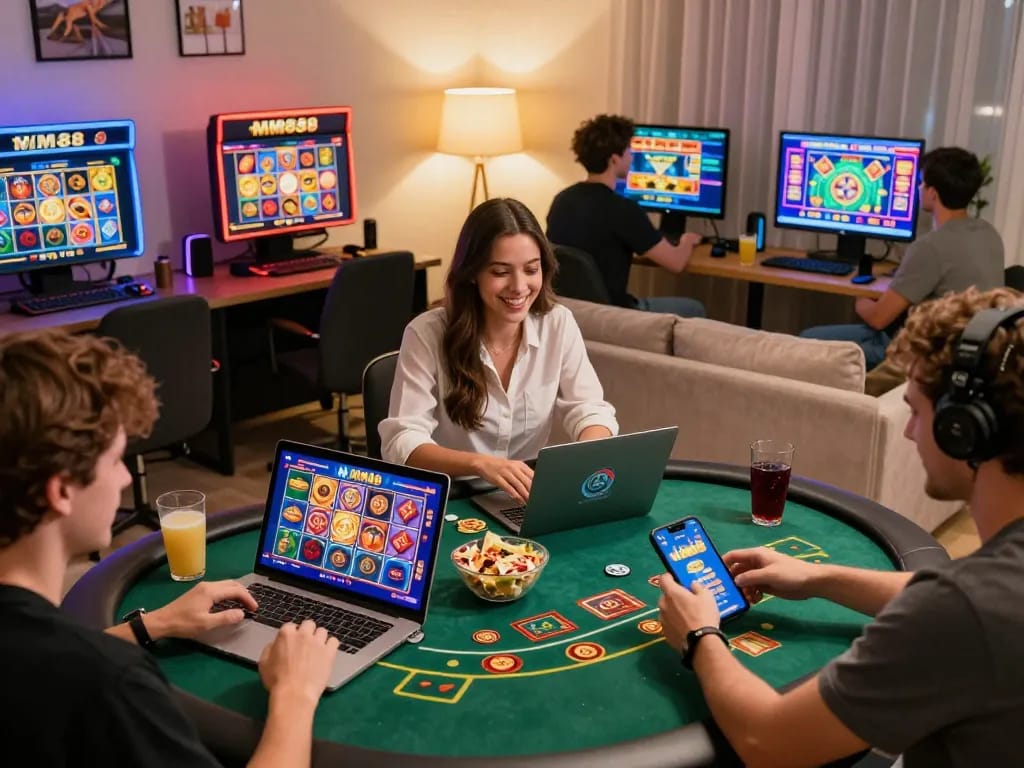 MM88 online gaming excitement with players enjoying casino games in a cozy setting.