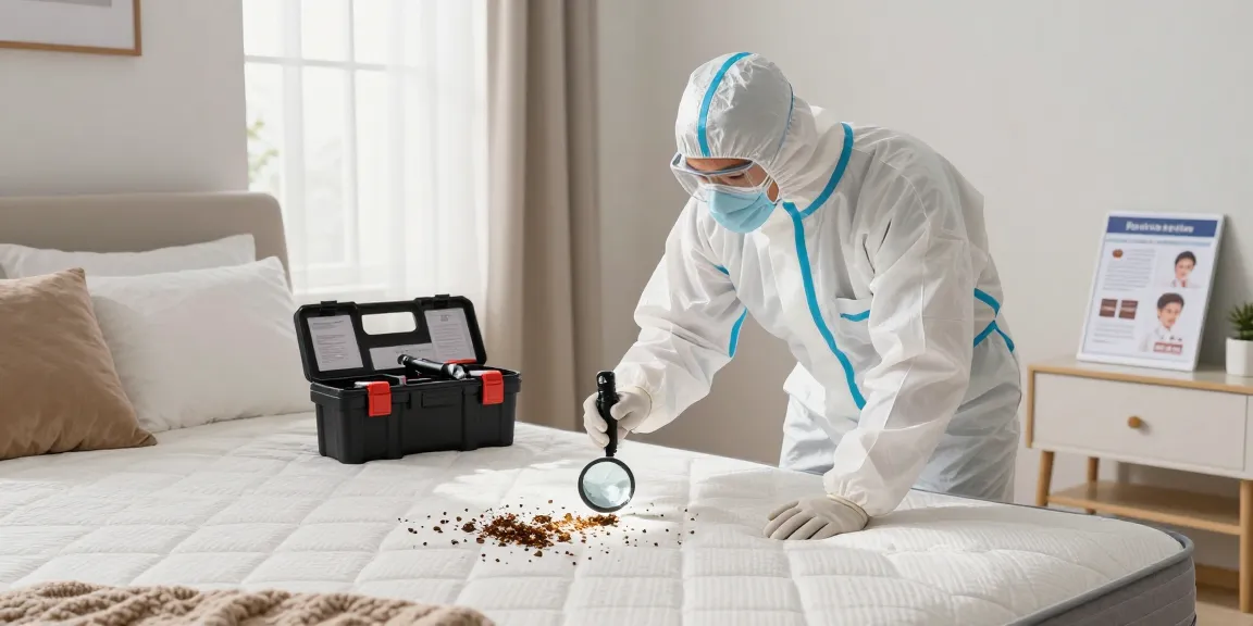 Bed bug treatment inspection in a cozy bedroom with a technician checking for bed bugs.