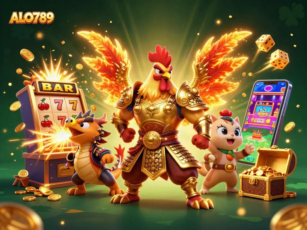 Experience the excitement of ALO789 with a cartoon rooster warrior and dragon, celebrating casino wins.
