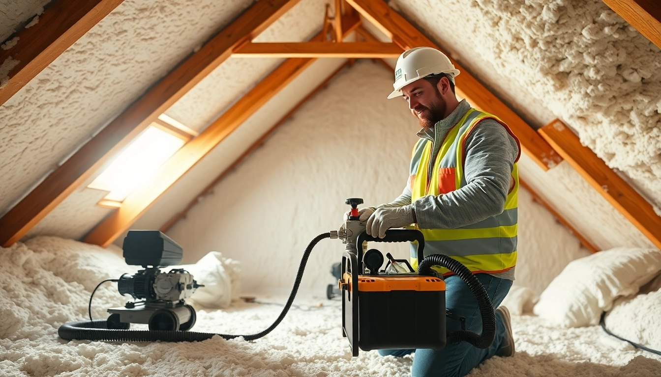 Technician actively engaged in spray foam loft removal process with specialized tools.