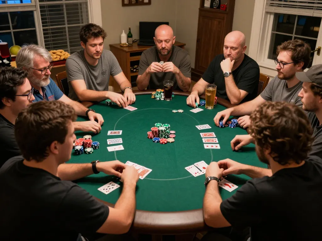Players enjoying a friendly poker game at home, showcasing icm88 strategies in a relaxed atmosphere