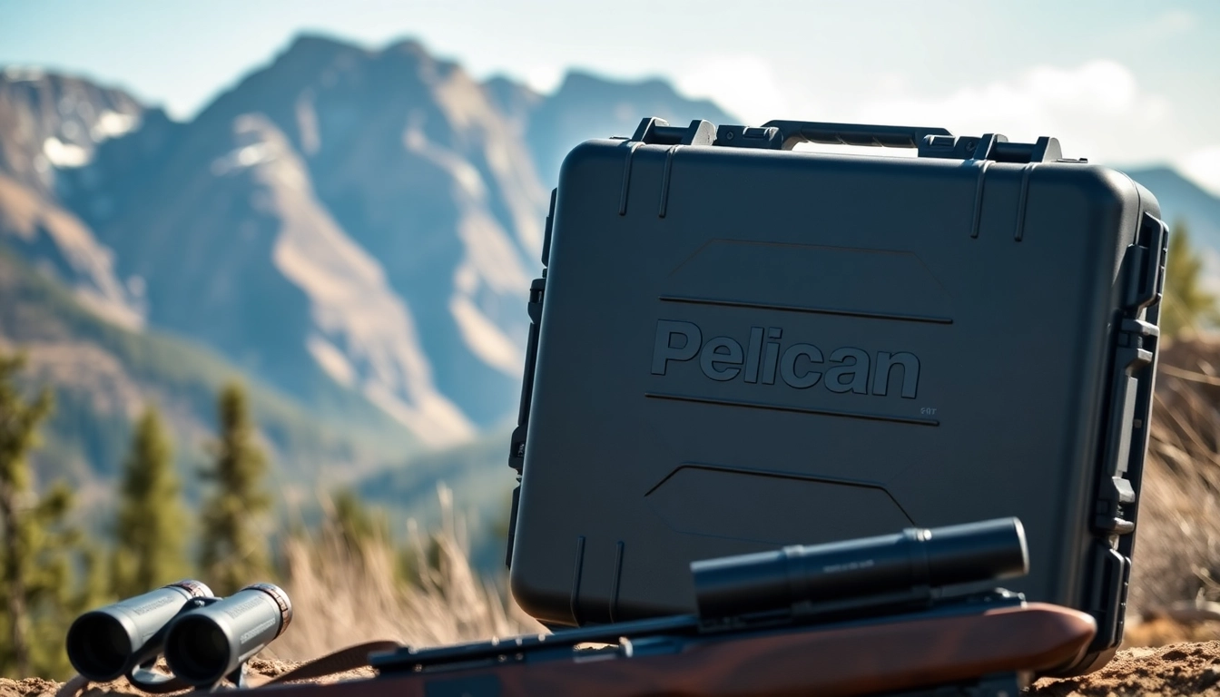 Showcase of pelican gun case for sale, displayed in a natural outdoor setting with rifle and binoculars.
