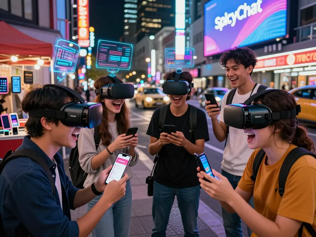 Friends interacting via spicychat in a vibrant city, showcasing futuristic digital communication.